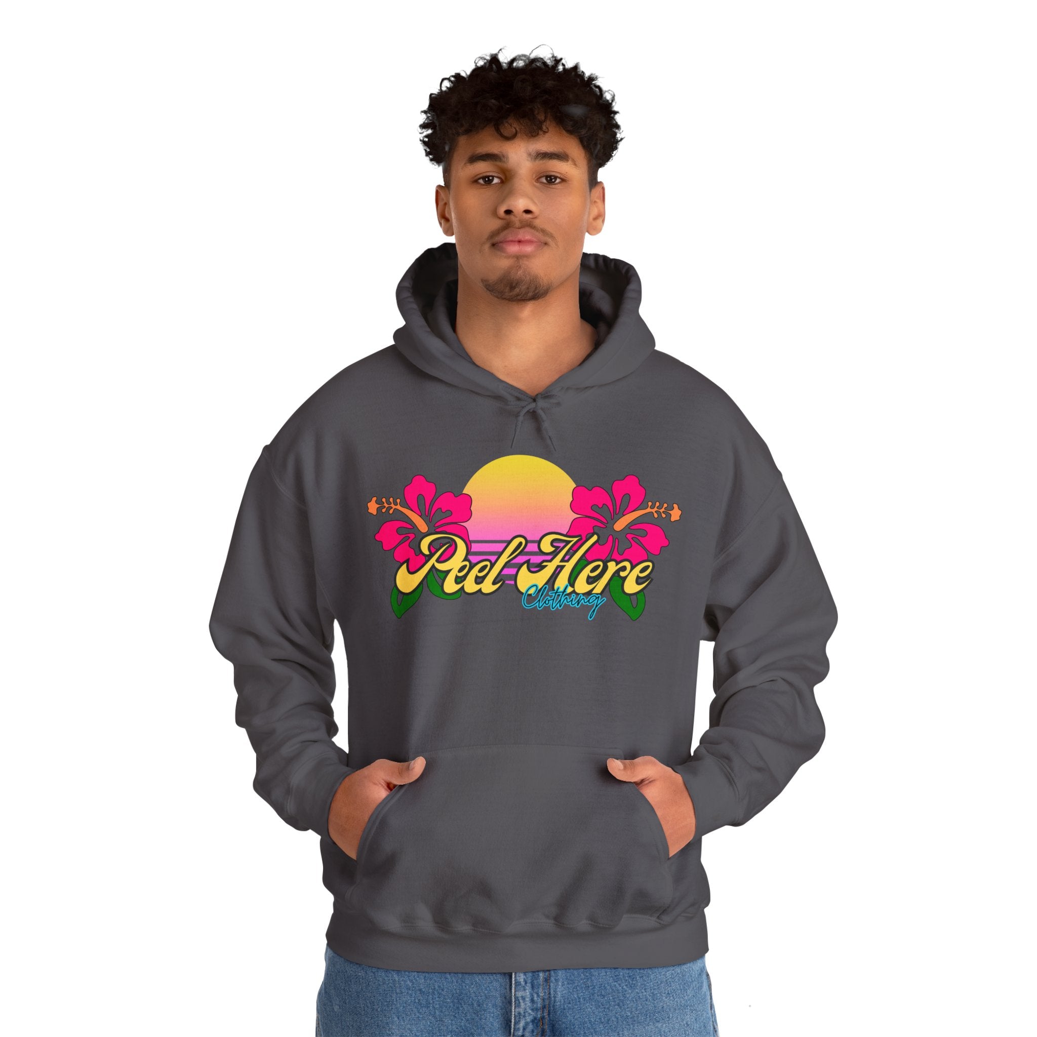 Peel Here Clothing's Sunset Hibiscus comfort Hoodie