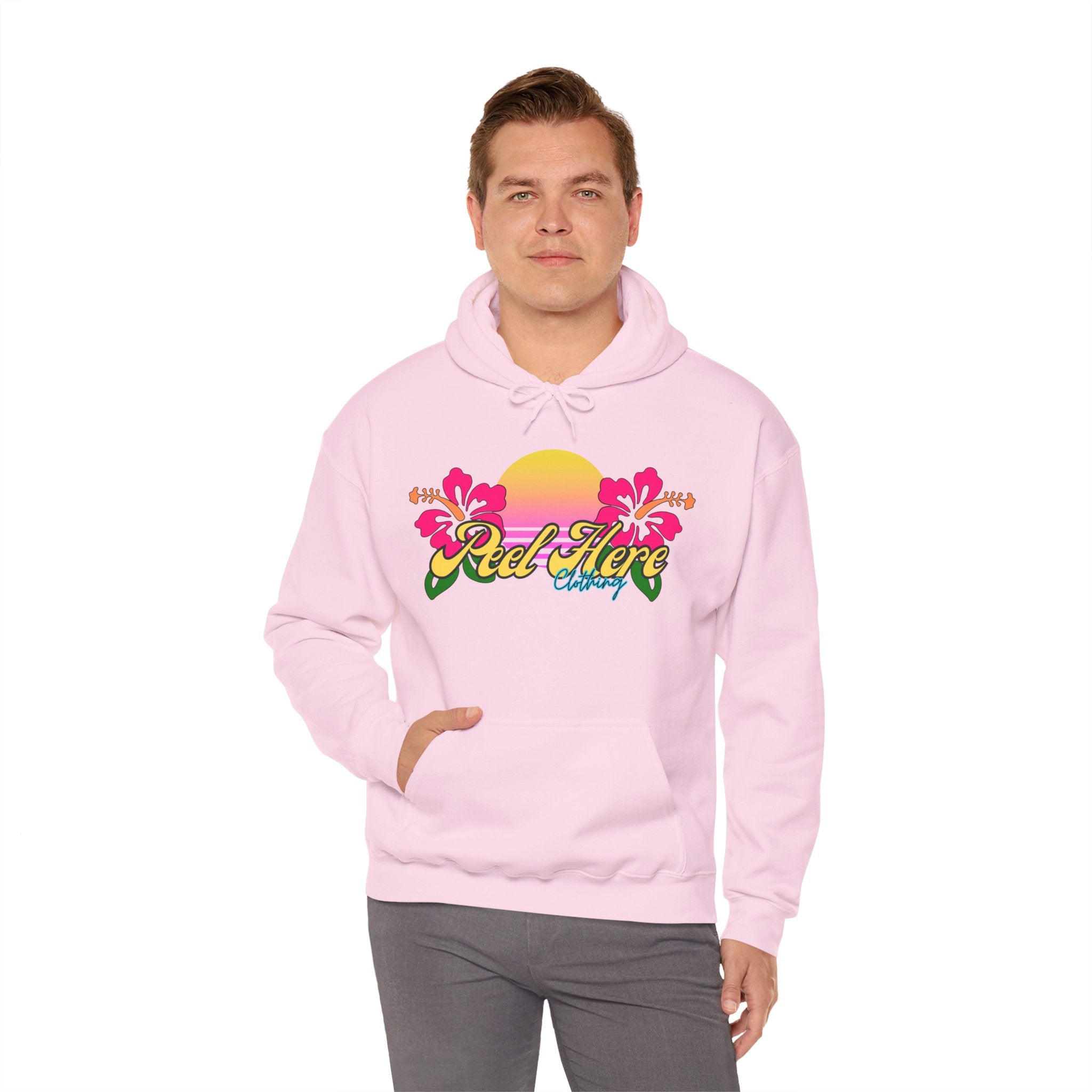 Peel Here Clothing's Sunset Hibiscus comfort Hoodie