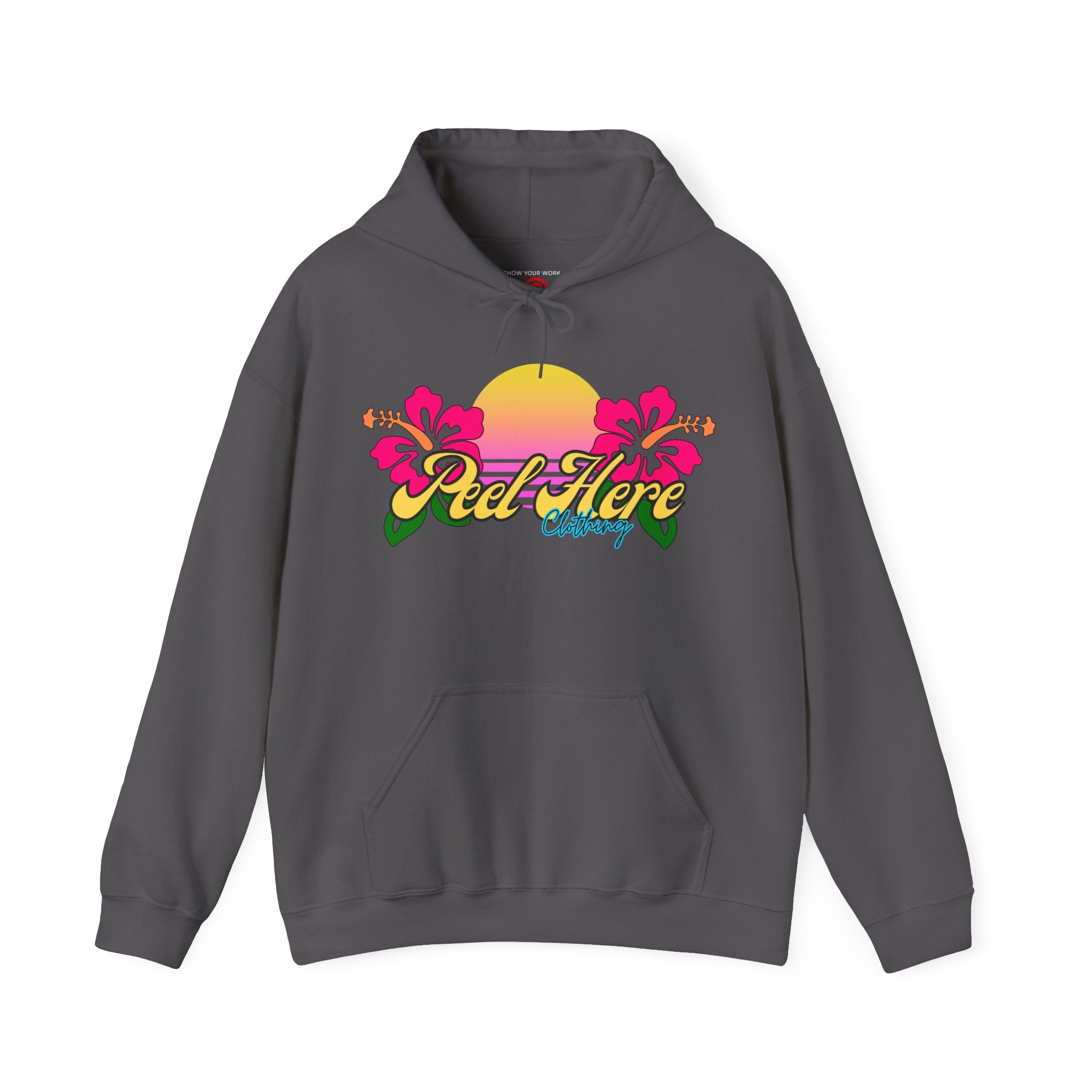 Peel Here Clothing's Sunset Hibiscus comfort Hoodie