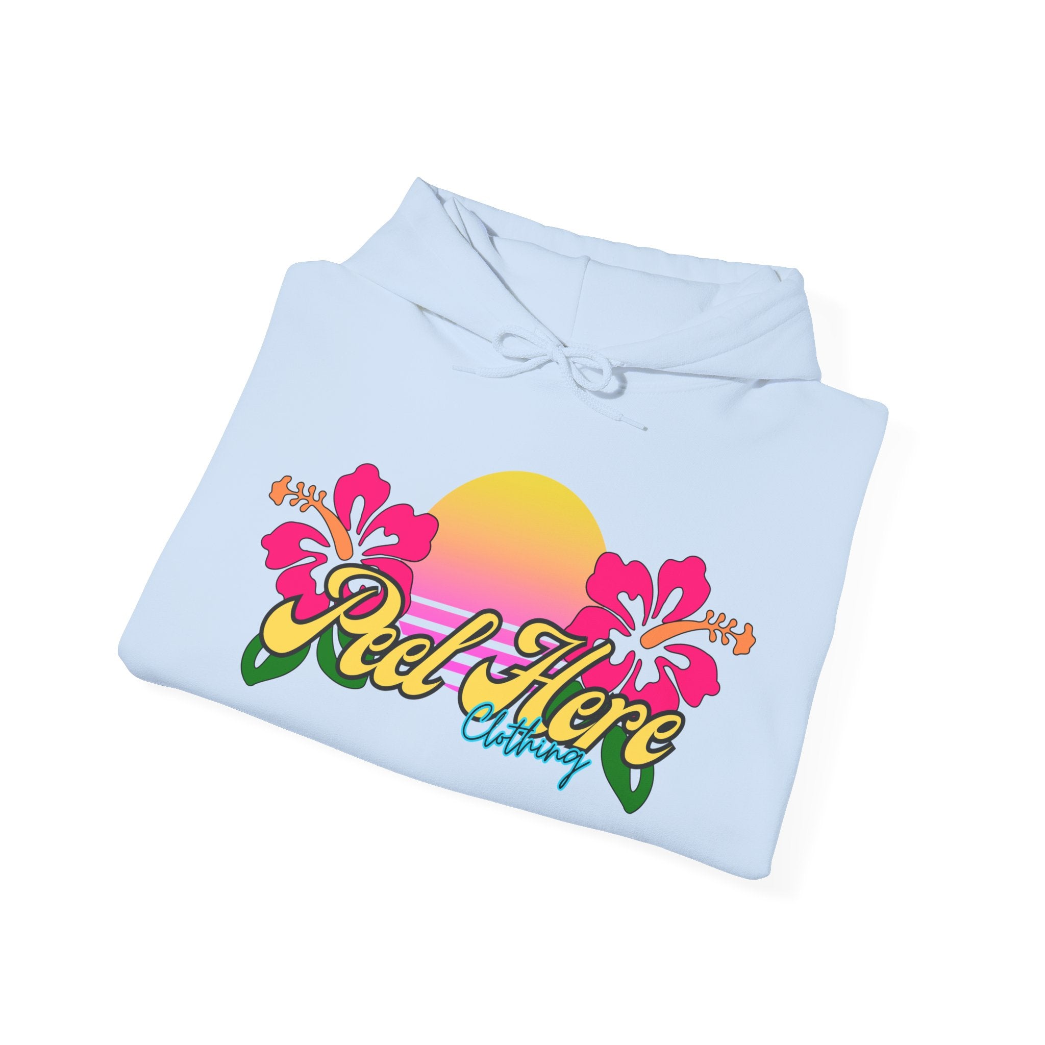 Peel Here Clothing's Sunset Hibiscus comfort Hoodie