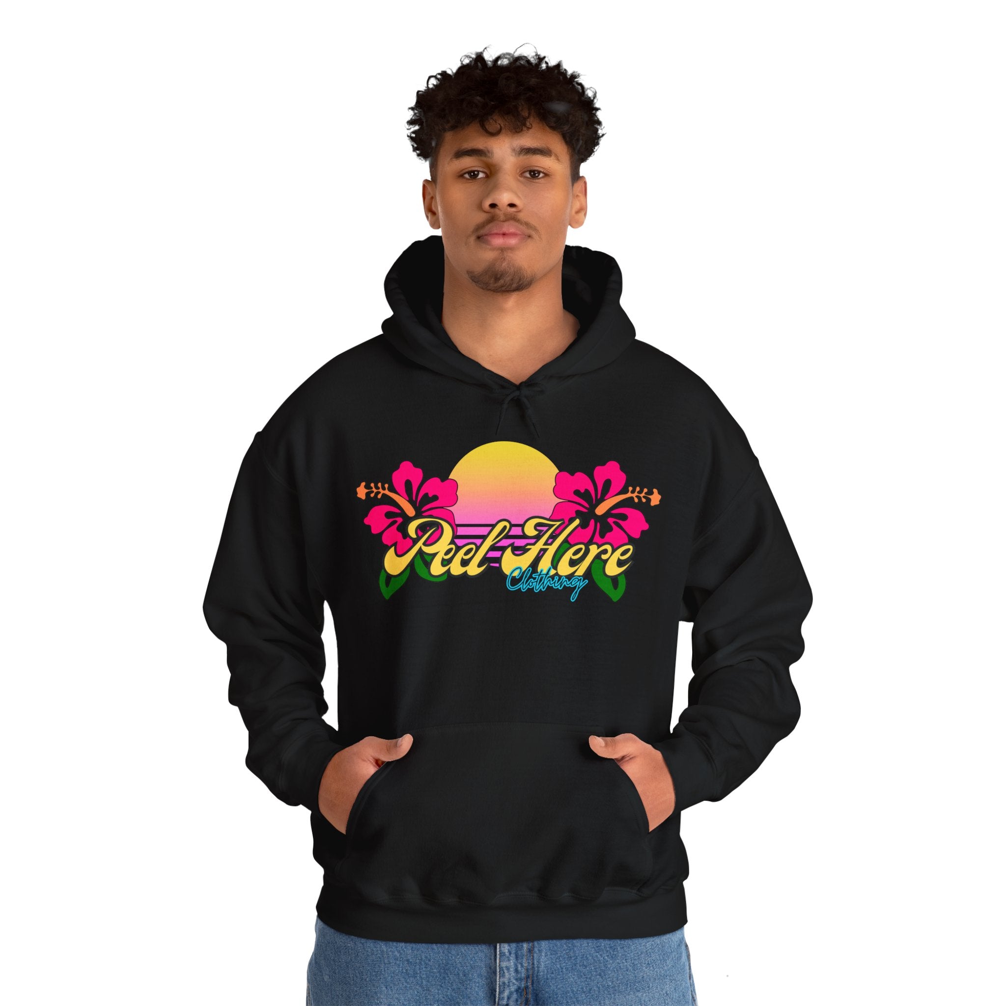 Peel Here Clothing's Sunset Hibiscus comfort Hoodie