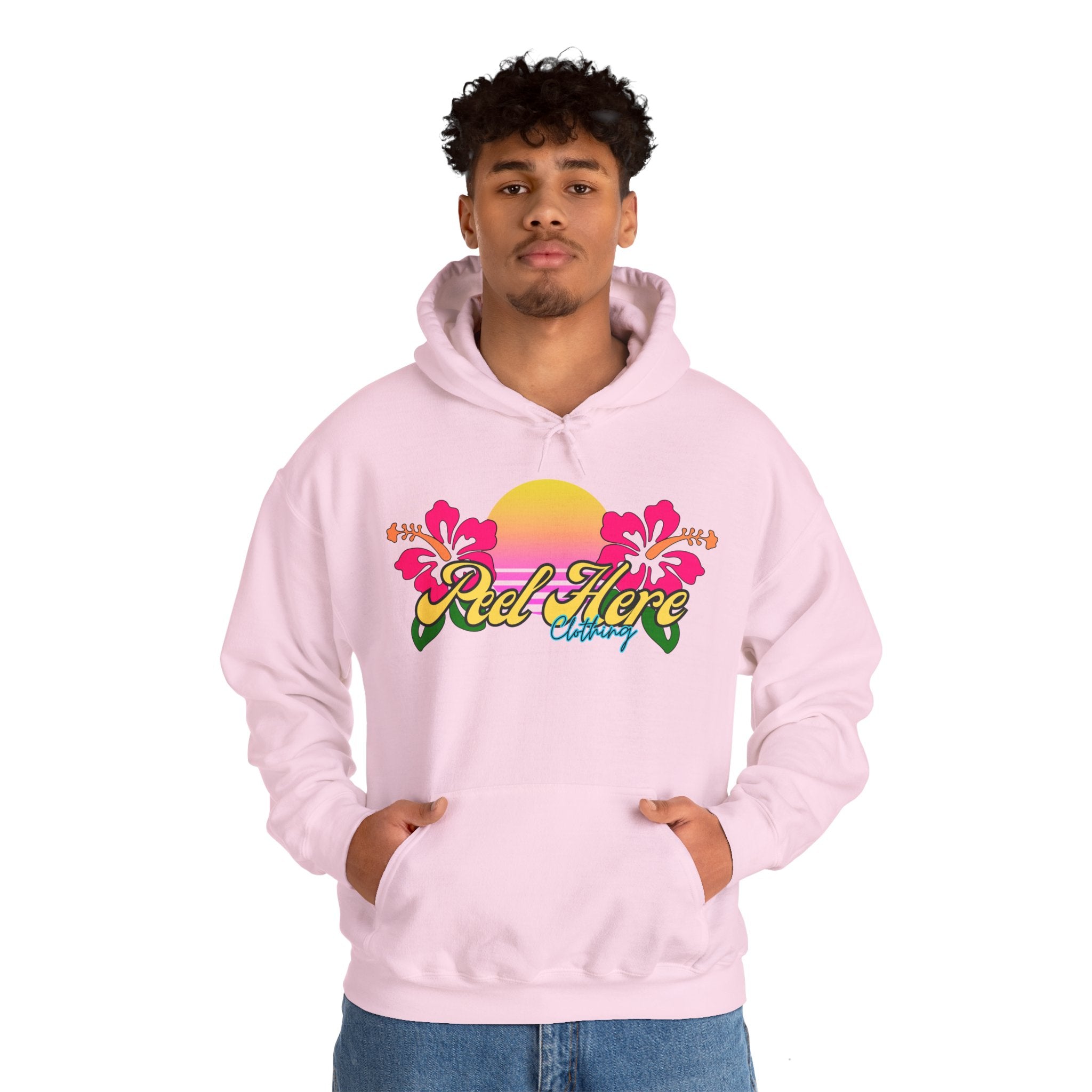 Peel Here Clothing's Sunset Hibiscus comfort Hoodie