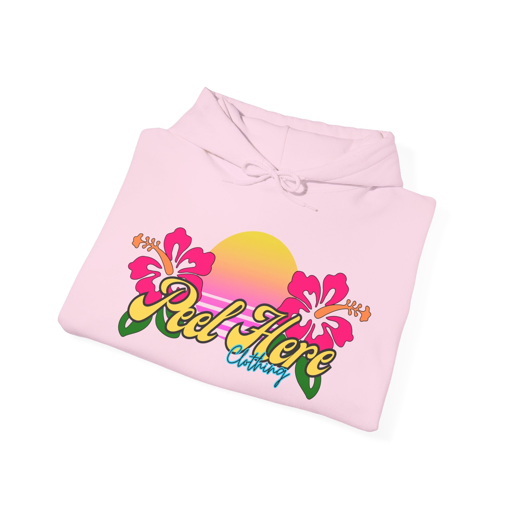 Peel Here Clothing's Sunset Hibiscus comfort Hoodie