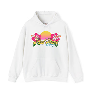 Peel Here Clothing's Sunset Hibiscus comfort Hoodie