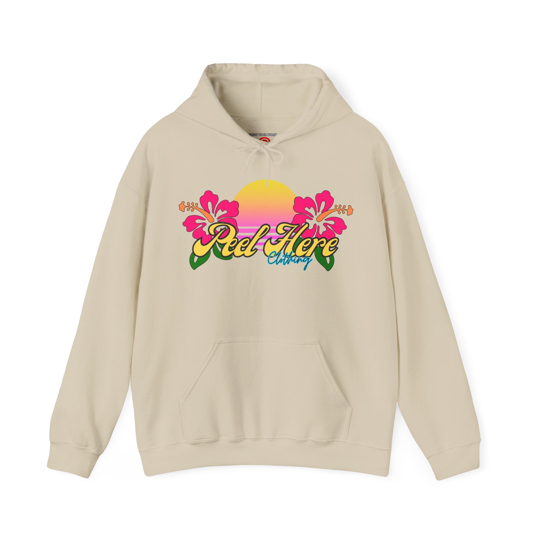 Peel Here Clothing's Sunset Hibiscus comfort Hoodie