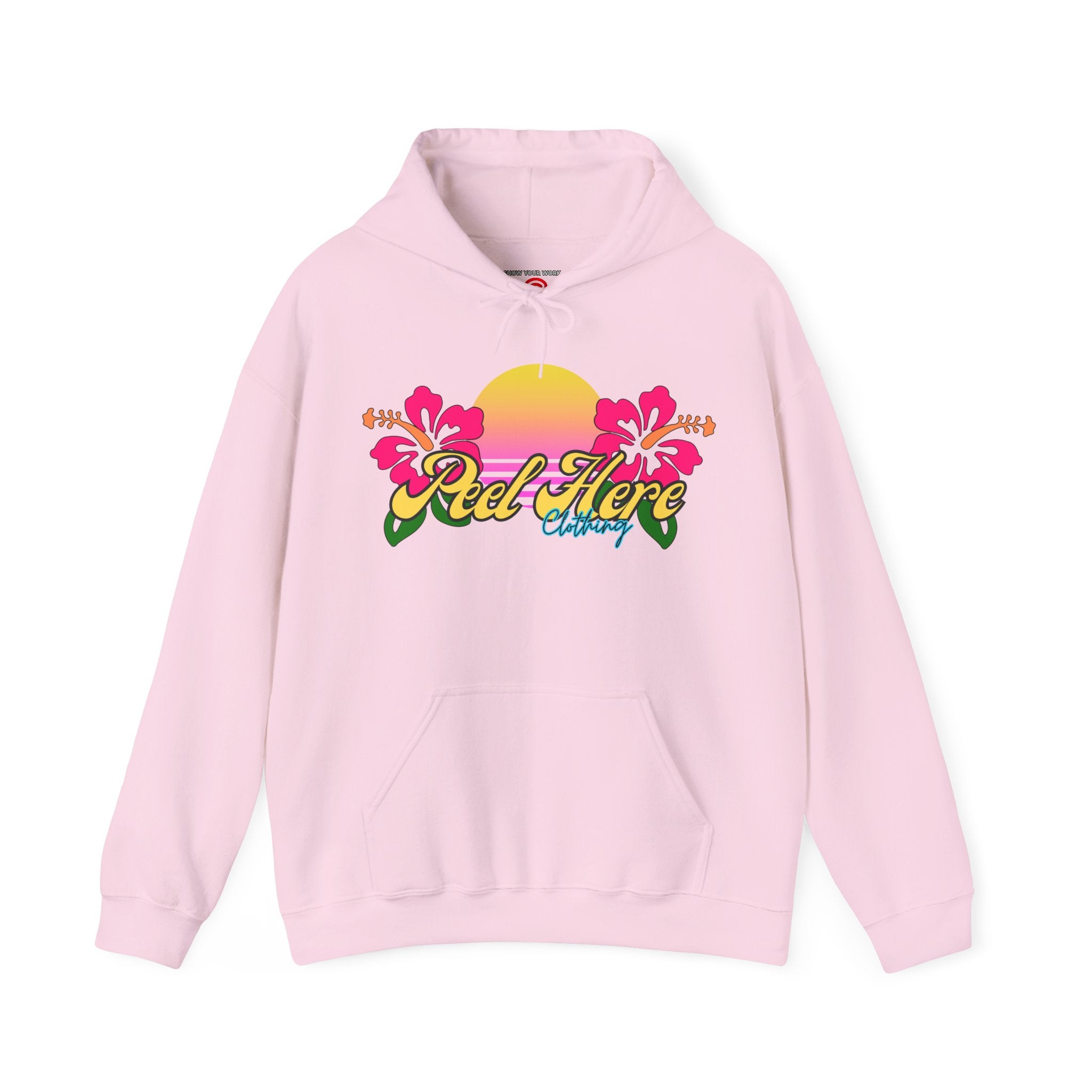 Peel Here Clothing's Sunset Hibiscus comfort Hoodie