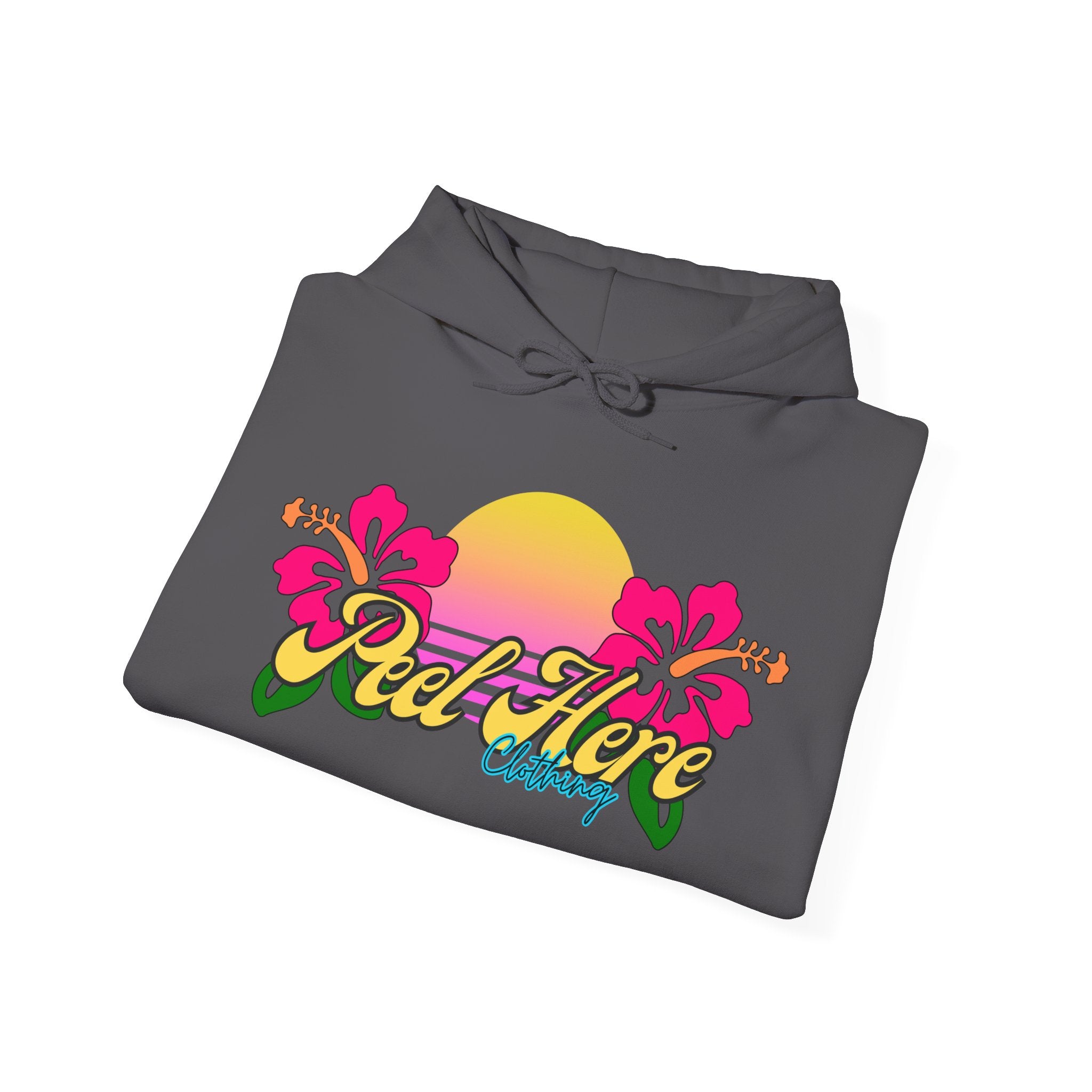 Peel Here Clothing's Sunset Hibiscus comfort Hoodie