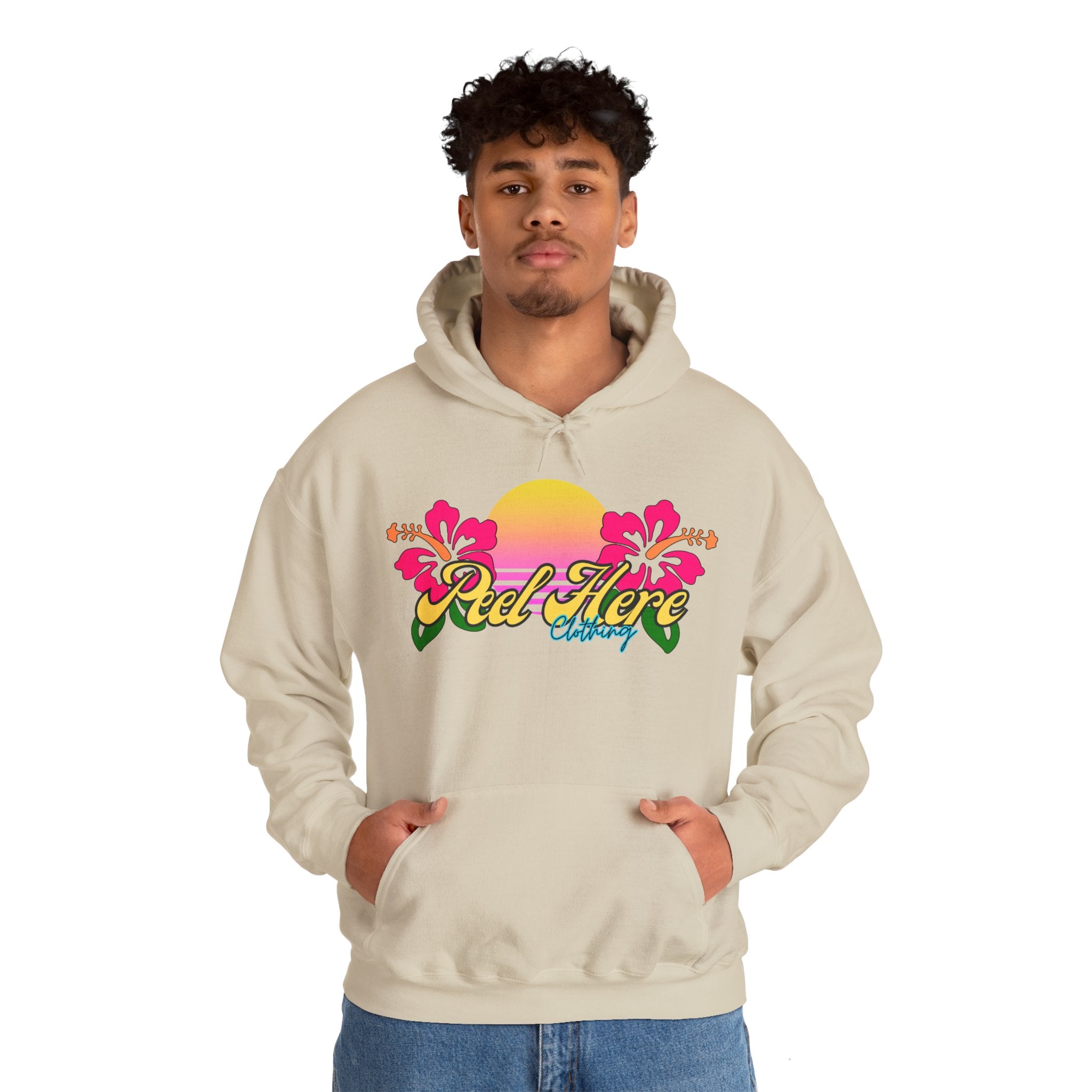 Peel Here Clothing's Sunset Hibiscus comfort Hoodie