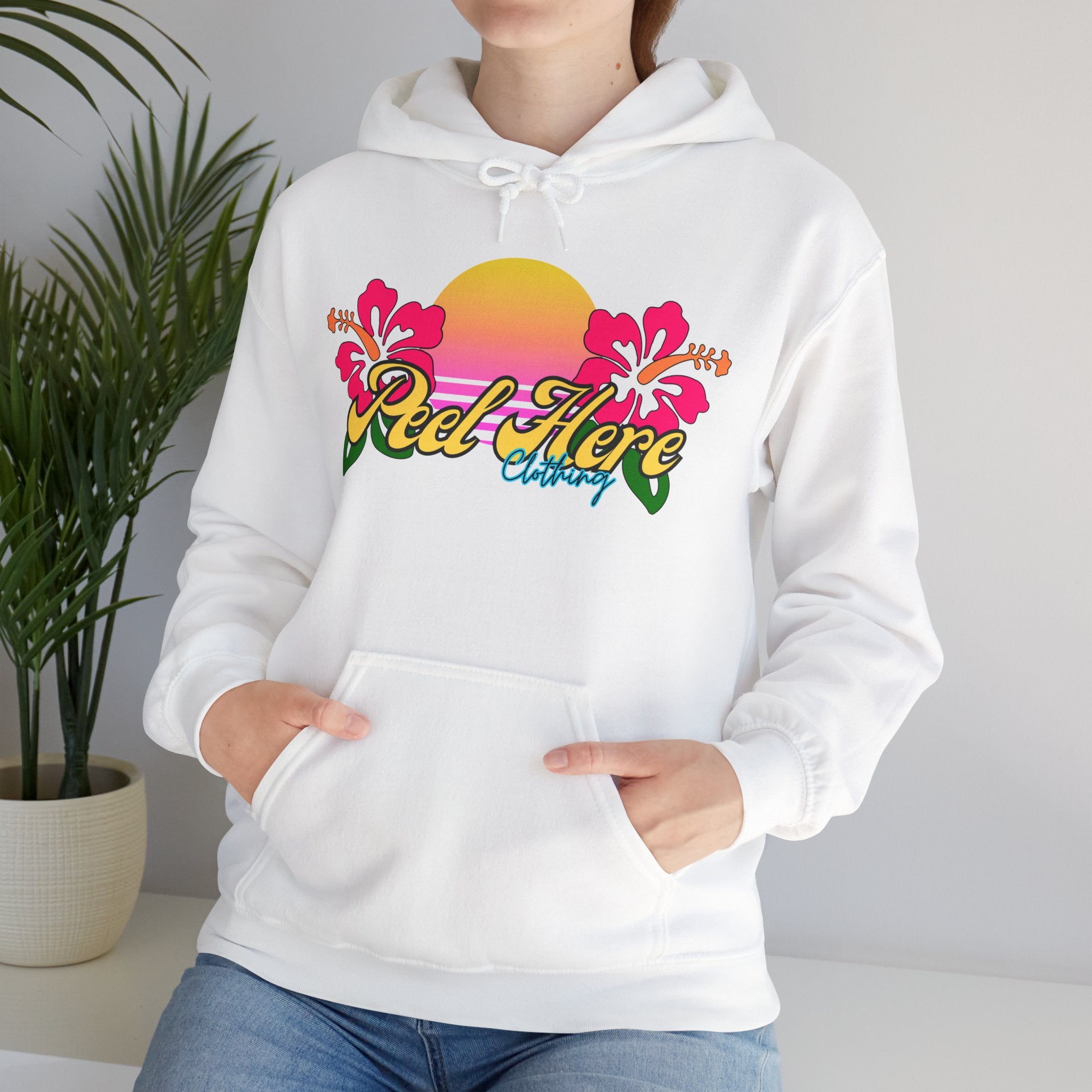 Peel Here Clothing's Sunset Hibiscus comfort Hoodie