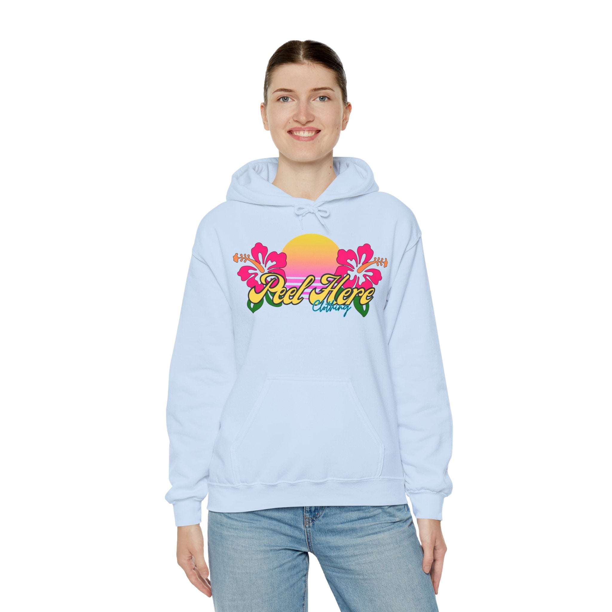 Peel Here Clothing's Sunset Hibiscus comfort Hoodie