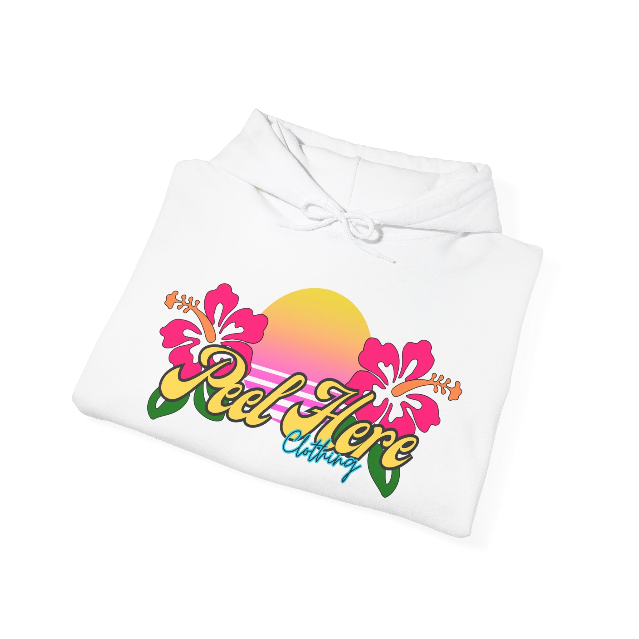 Peel Here Clothing's Sunset Hibiscus comfort Hoodie