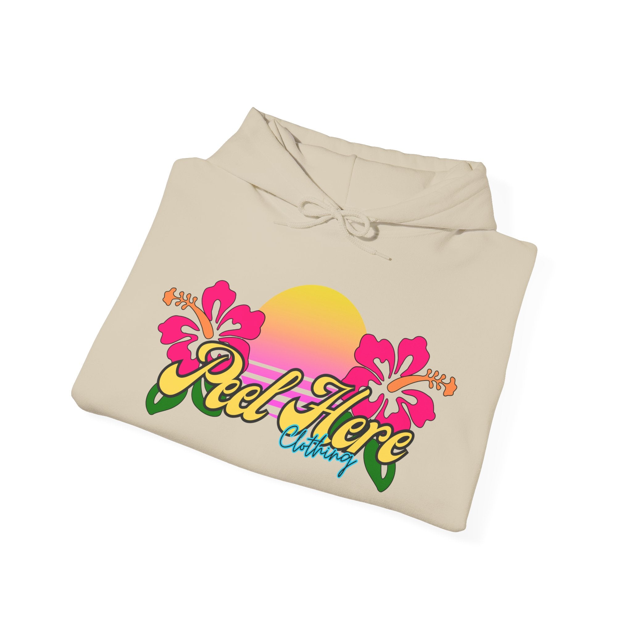 Peel Here Clothing's Sunset Hibiscus comfort Hoodie