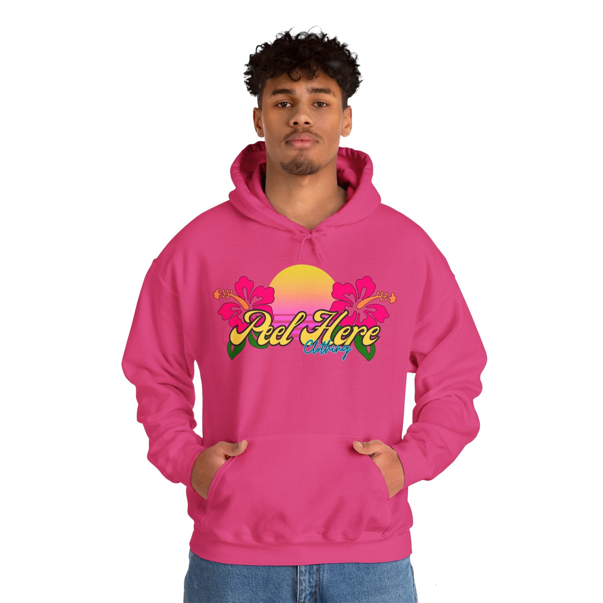 Peel Here Clothing's Sunset Hibiscus comfort Hoodie