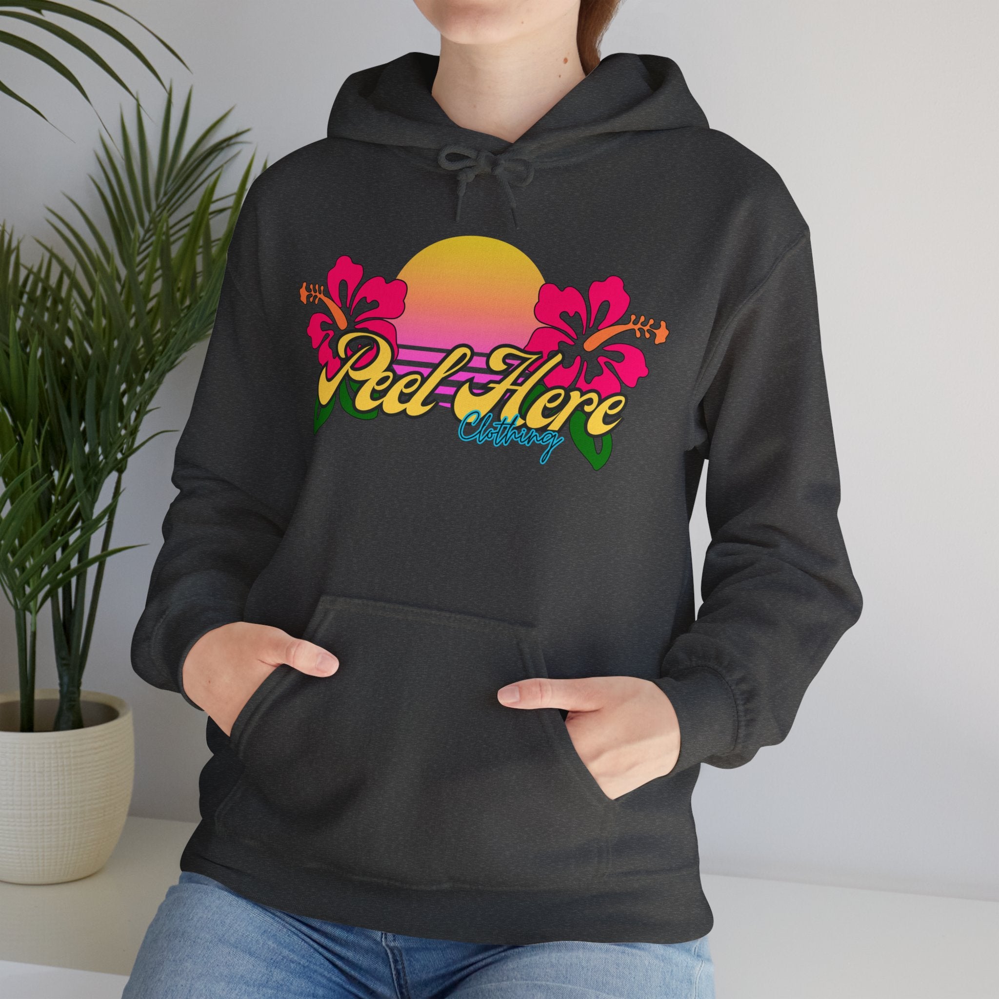 Peel Here Clothing's Sunset Hibiscus comfort Hoodie